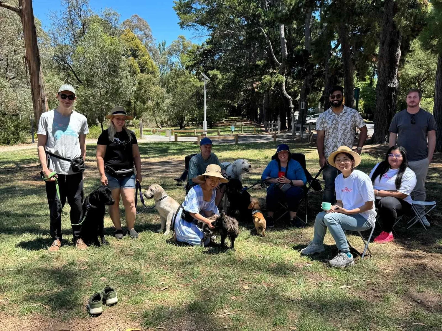 Pawshare Club members sitting and standing with their dogs in a tree-lined park