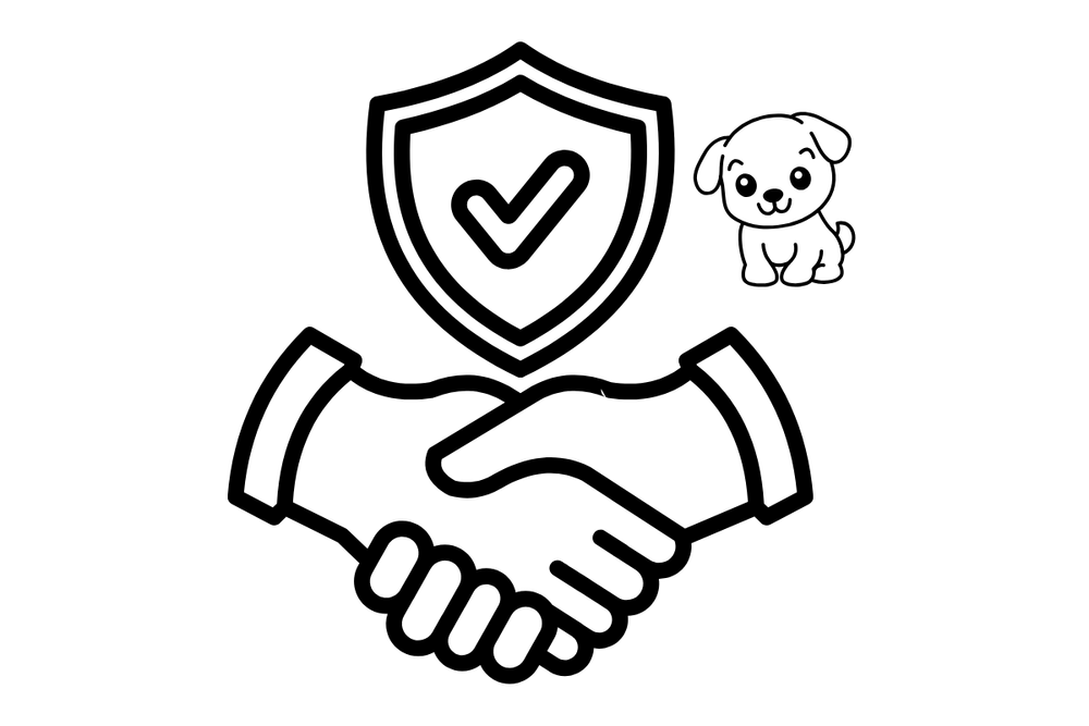 Illustration of a handshake beneath a checked shield and a small dog